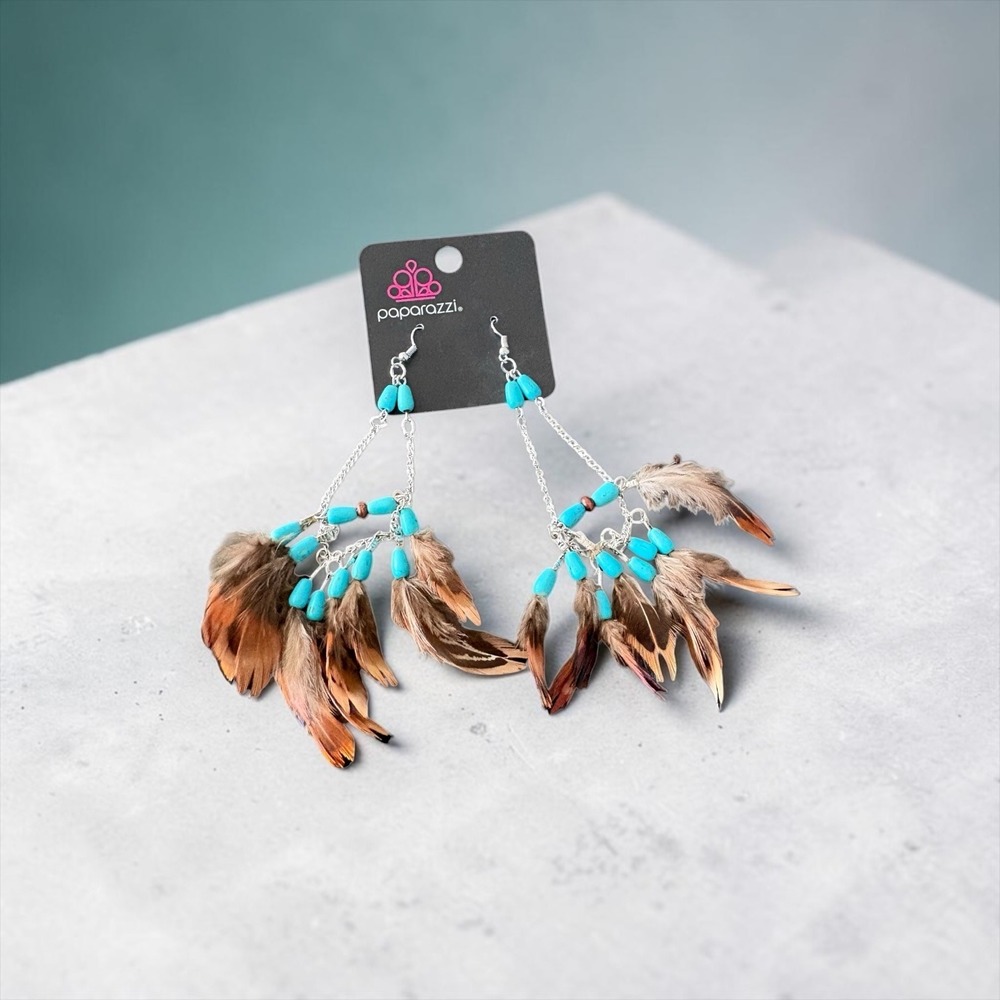 Paparazzi Turquoise Bead and Brown Feather Boho Chandelier Drop Earrings